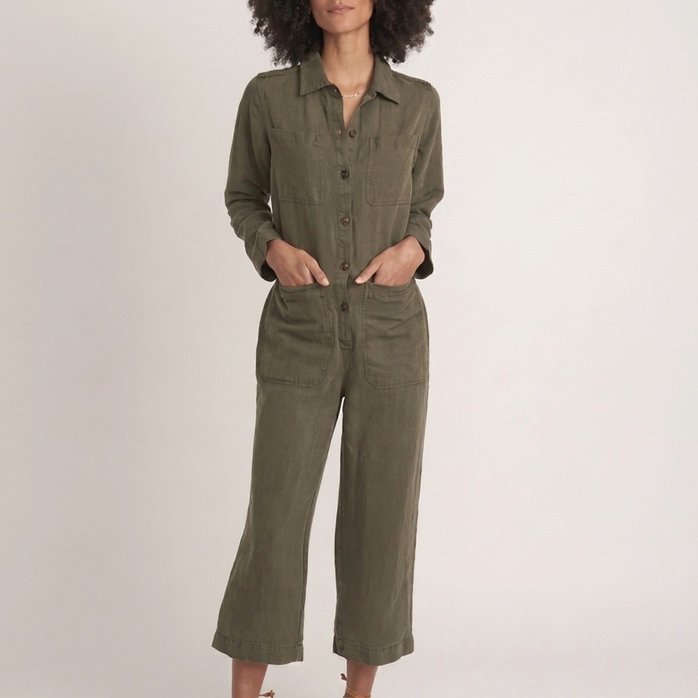 Marine Layer Womens Small Charlie Utility Jumpsuit Linen Blend Green NEW $165